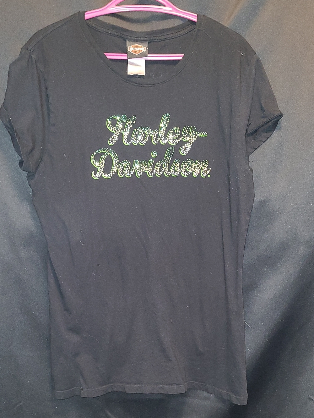 Harley-Davidson Girls' Black Tee with Green Rhinestone Logo 3XL